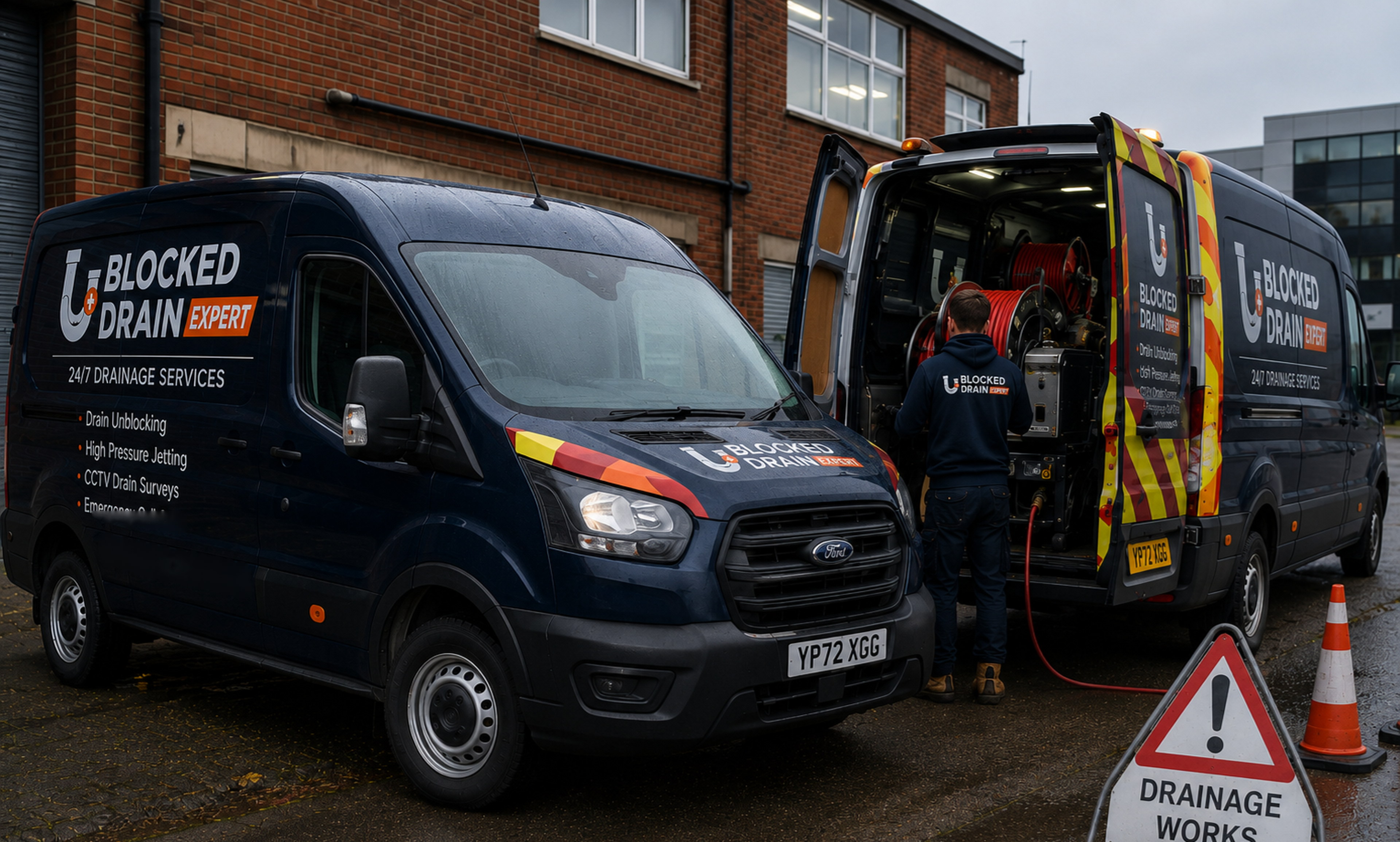 Blocked Drain Expert drainage vans and cleaning equipment on site