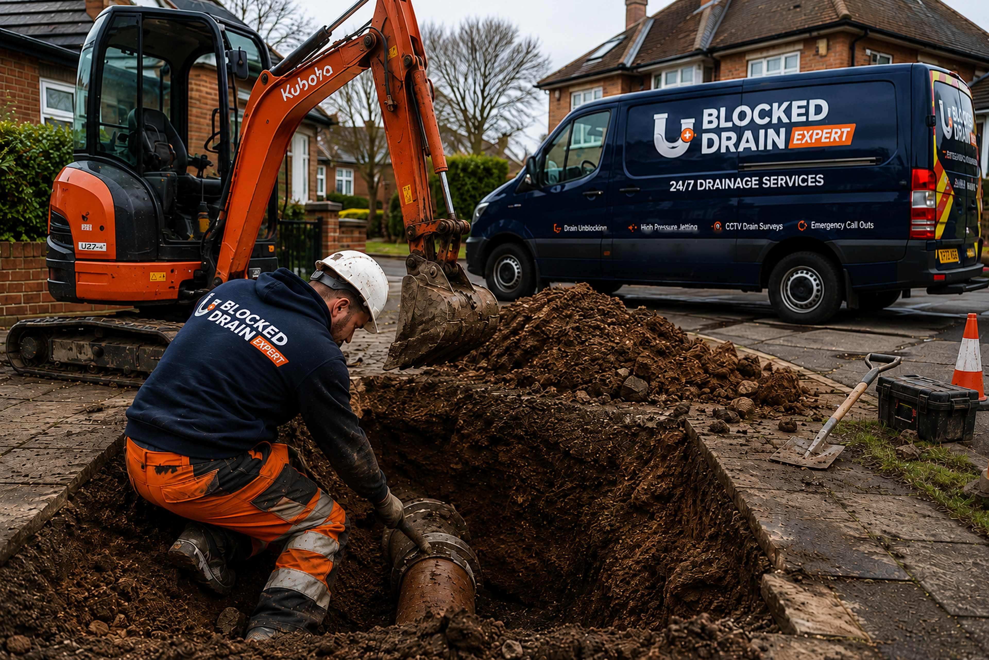 Drainage engineer working on an excavation with a branded drainage van nearby
